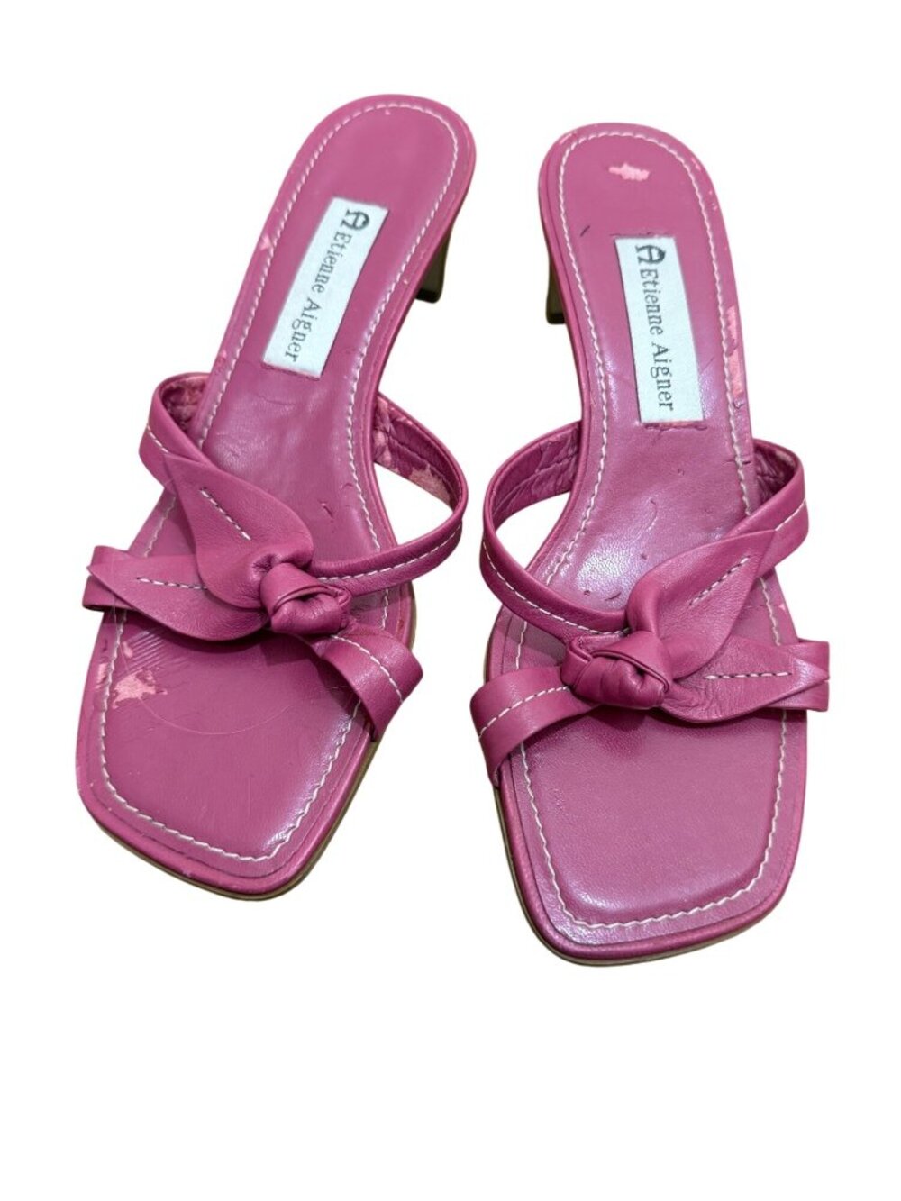 Y2K Coquette Barbiecore Bright Pink Leather Slide Open Square Toe Sz 7 US